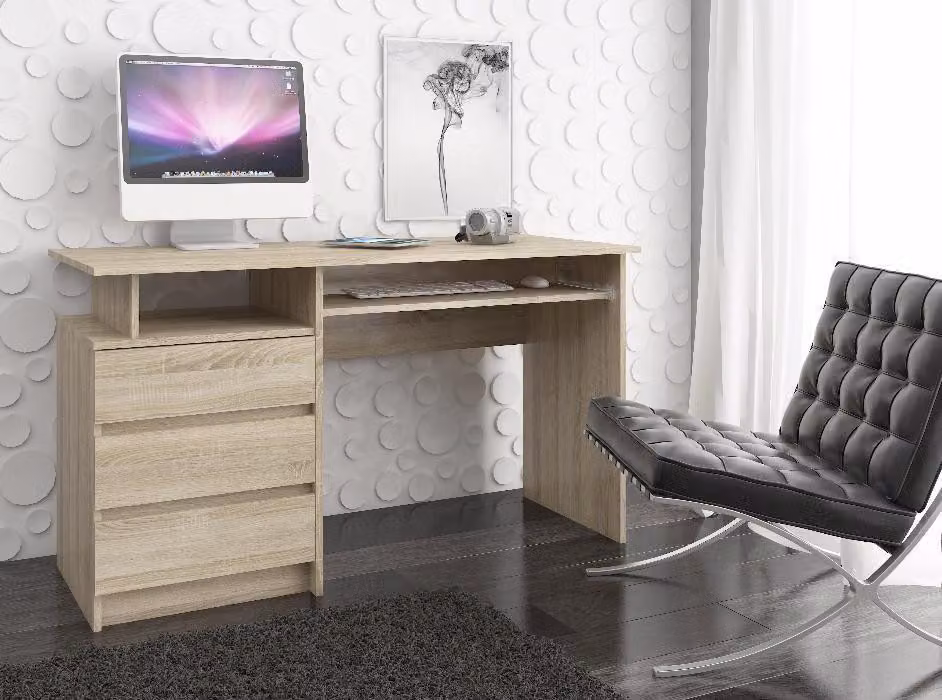 Scrivania 135x60 cm con 3 cassetti, scrivania per computer con ripiano estraibile per tastiera