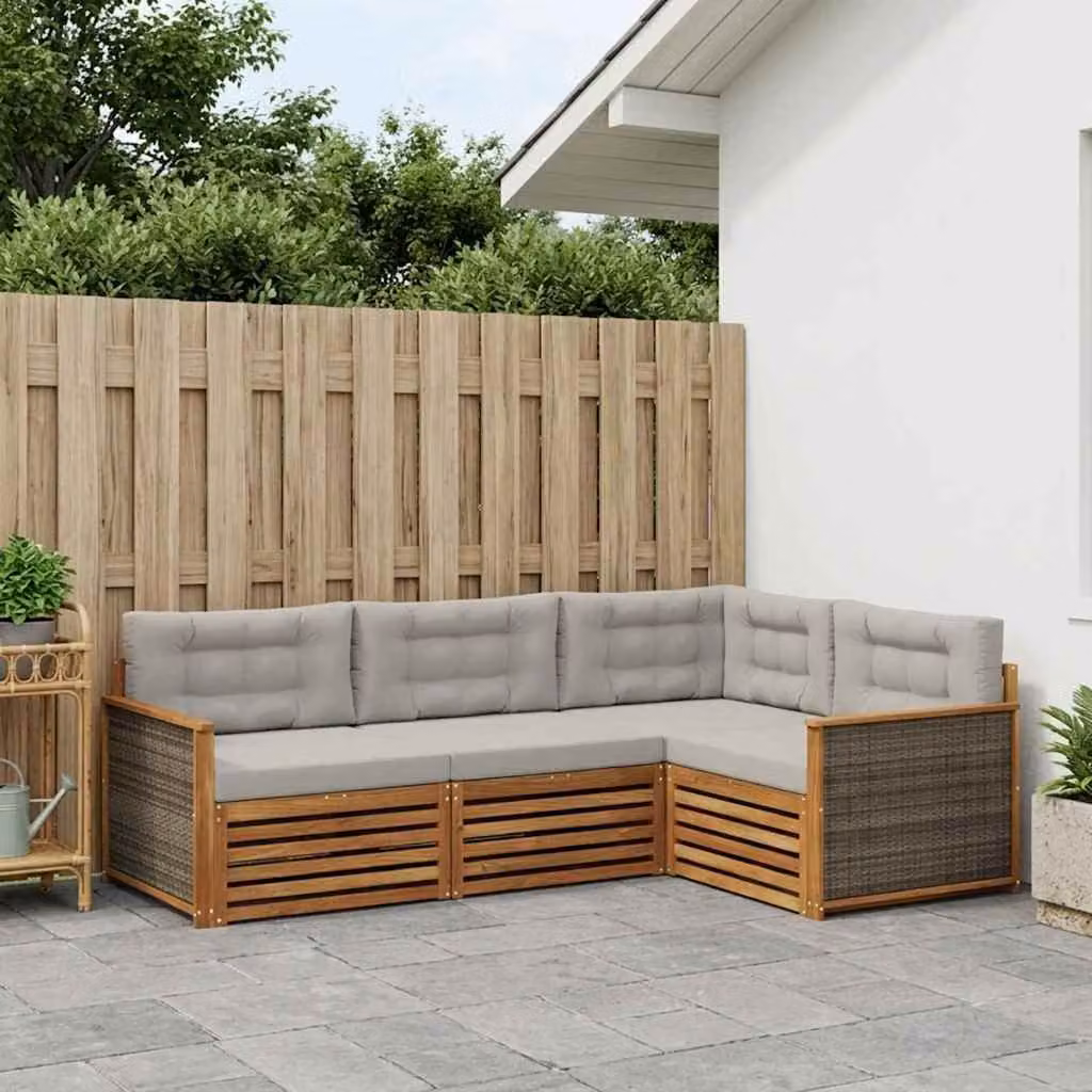 Set di divani da esterno vidaXL a forma di L in legno di acacia con cuscini, beige e grigio