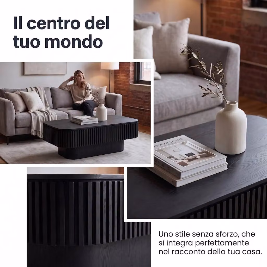 Tavolino da salotto moderno con contenitore nascosto e coperchio rimovibile in MDF e legno, colore nero, L: 98 cm, P: 60 cm, H: 35 cm – 2