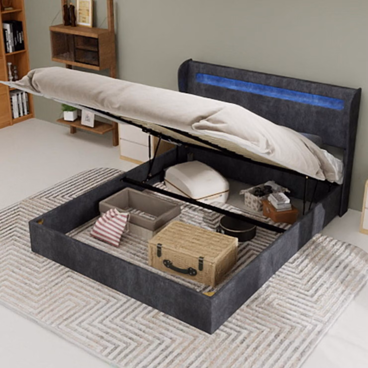 letto imbottito okwish 140x200 letto matrimoniale con meccanismo di sollevamento a gas, struttura del letto con illuminazione ambientale, letto per ragazzi con schienale e rete, grigio (senza materasso)