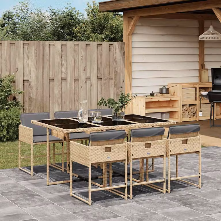 Set Pranzo da Giardino vidaXL in Polyrattan con Cuscini Beige Misto e Tavolo in Vetro 7 pz