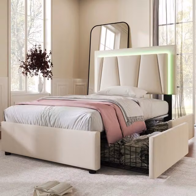 Letto singolo 90x200 cm con strutture in lino beige, testiera regolabile in altezza, 2 cassetti e illuminazione LED, rete in legno inclusa