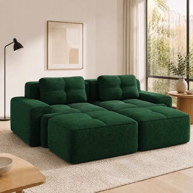 Divano modulare a U 204x177x69 cm in corduroy verde, senza montaggio, con ottomana –