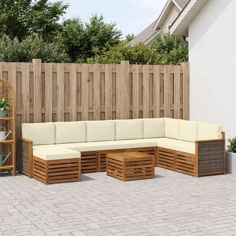 Set di divani da esterno vidaXL 9 pz in legno di acacia con tavolino e pouf, colore beige e marrone