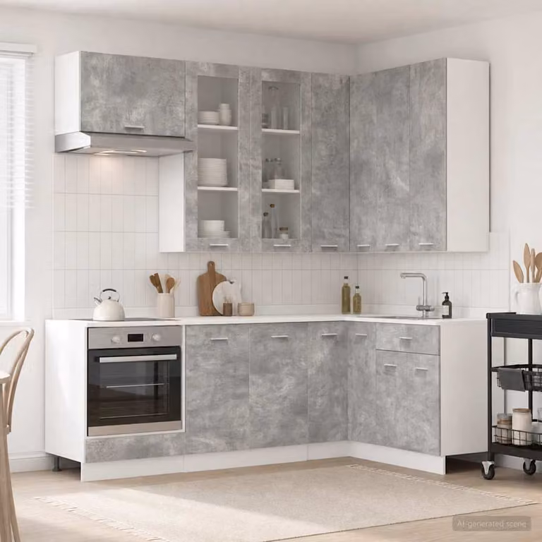 Unità cucina moderna vidaXL LYON composta da 8 pezzi in grigio cemento e legno ingegnerizzato con ante in vetro