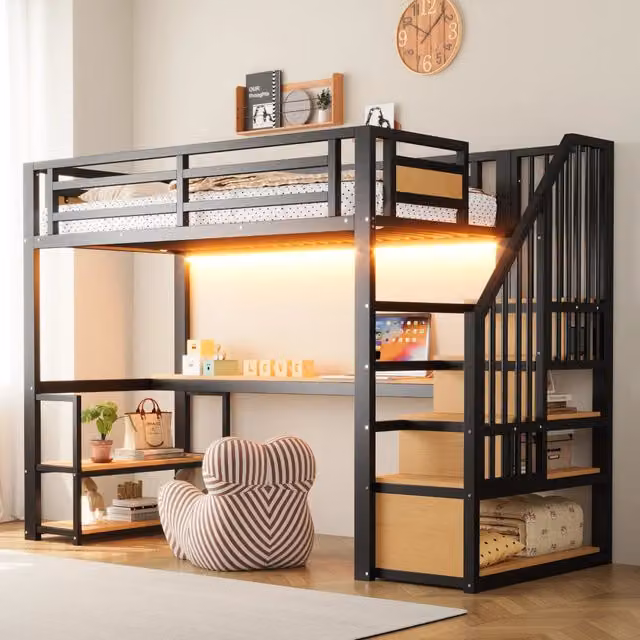 Letto a castello in metallo 90x200 cm con striscia LED e presa, scala contenitore, mensole e tavolo, sponde di sicurezza, Nero
