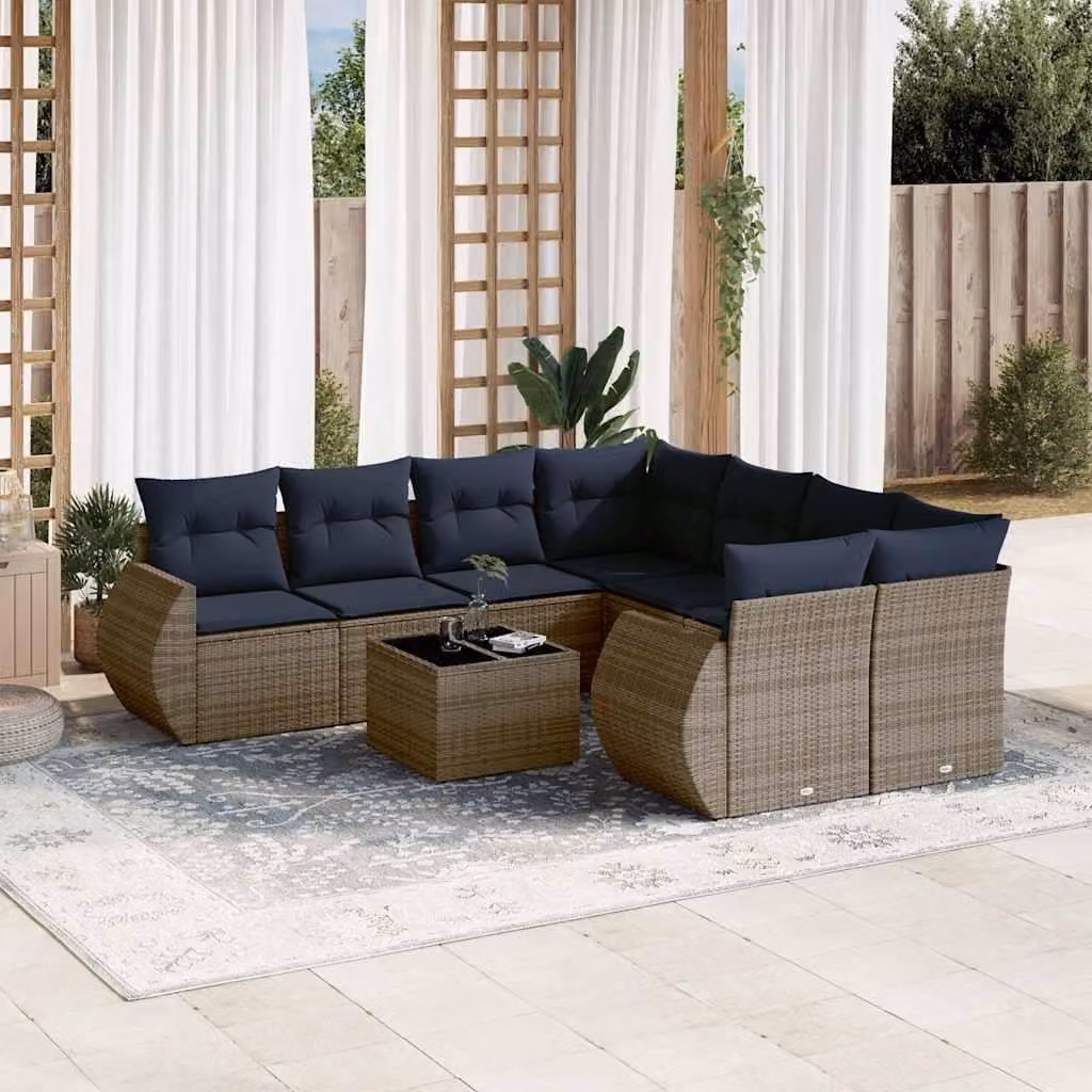 Maison Exclusive - Set di 9 pezzi per giardino con cuscini, grigio, polyrattan