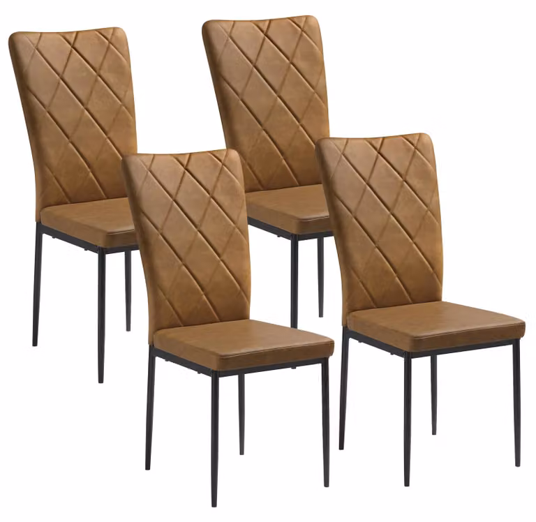 Set di 4 sedie da pranzo - Sedie per la sala da pranzo - Schienale alto - Imbottite - Gambe in metallo - Aspetto in pelle - Colore marrone pelle