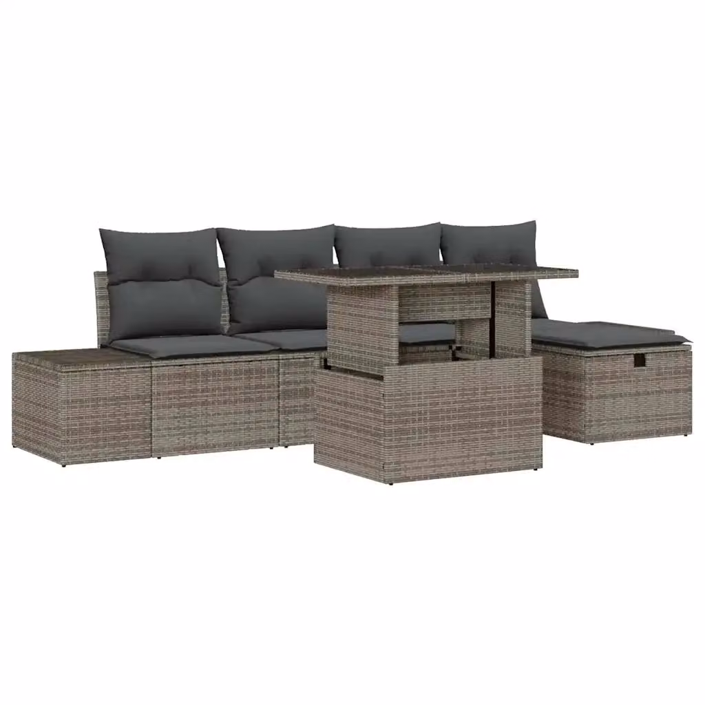Set Divano da Giardino a L vidaXL in Poly Rattan con Tavolino e Ottoman, 6 Pezzi, Grigio – 2