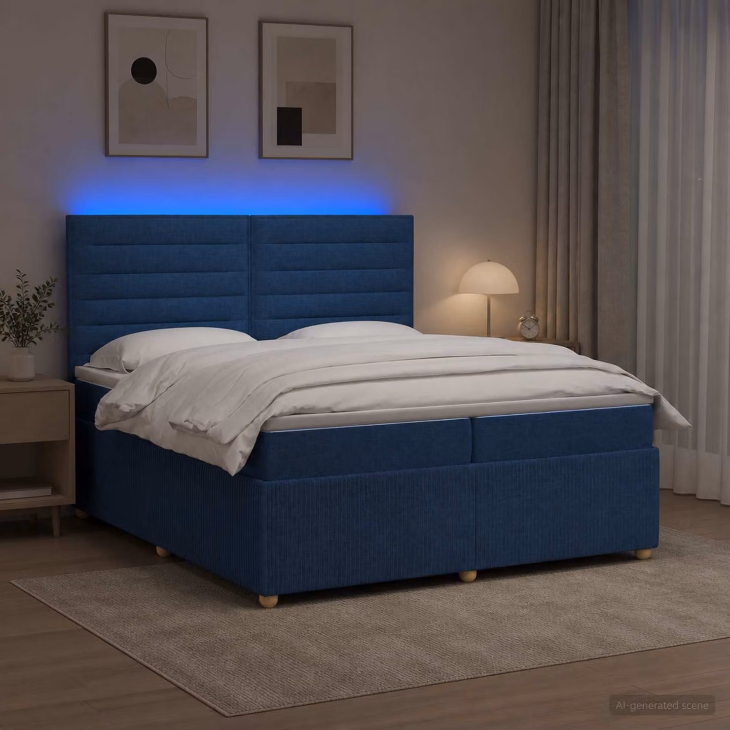 Letto Box Spring vidaXL con Materasso Ibrido e Illuminazione LED, Blu e Bianco, L/P: 200 x 200 cm