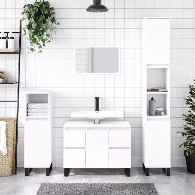 Mobile da bagno bianco stile industrial vidaXL con ante a cerniera e cassetti interni L: 80 cm, P: 33 cm, H: 60 cm