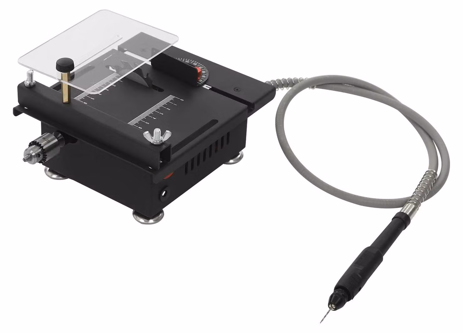 Mini sega circolare da banco - Sega da banco multifunzione - 7 livelli - 100W 6000 giri/min - Taglio, levigatura, incisione - 0-90° - Dimensioni: 18x16x11 cm, 24V