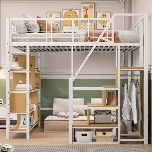 Letto a soppalco 140x200 cm con scala contenitore; ripiani e armadio; struttura in metallo e legno; bianco