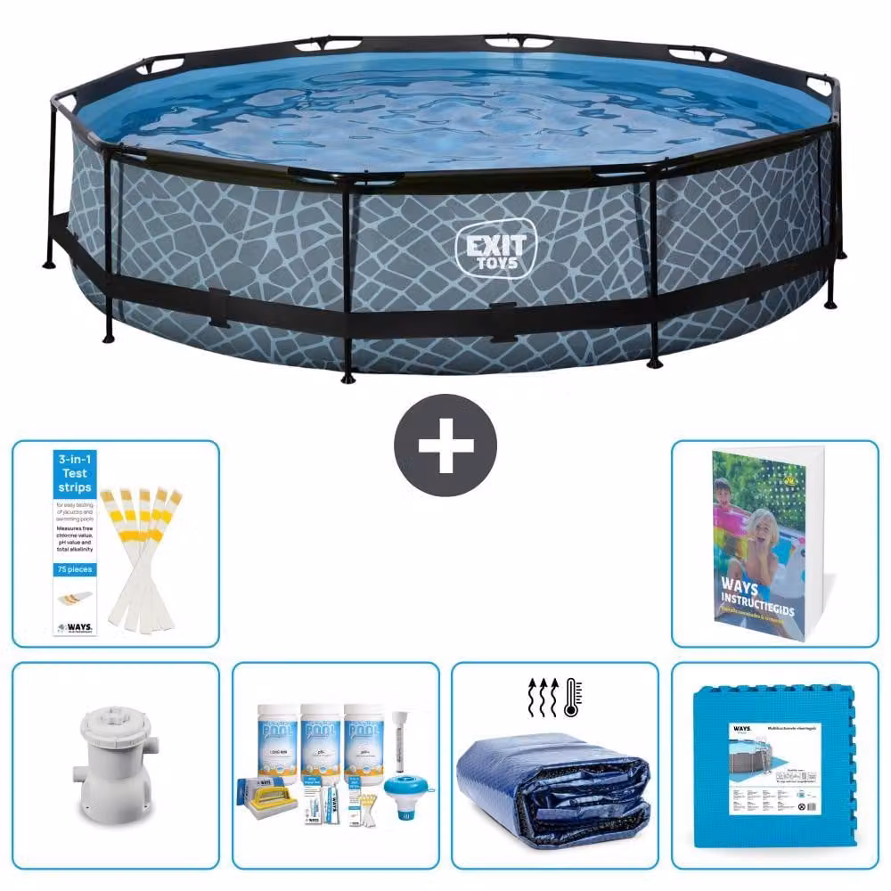 Piscina a sfioro "Exit Pool Rund" - Design effetto pietra - 360x76 cm - 5 pezzi - Modello S188