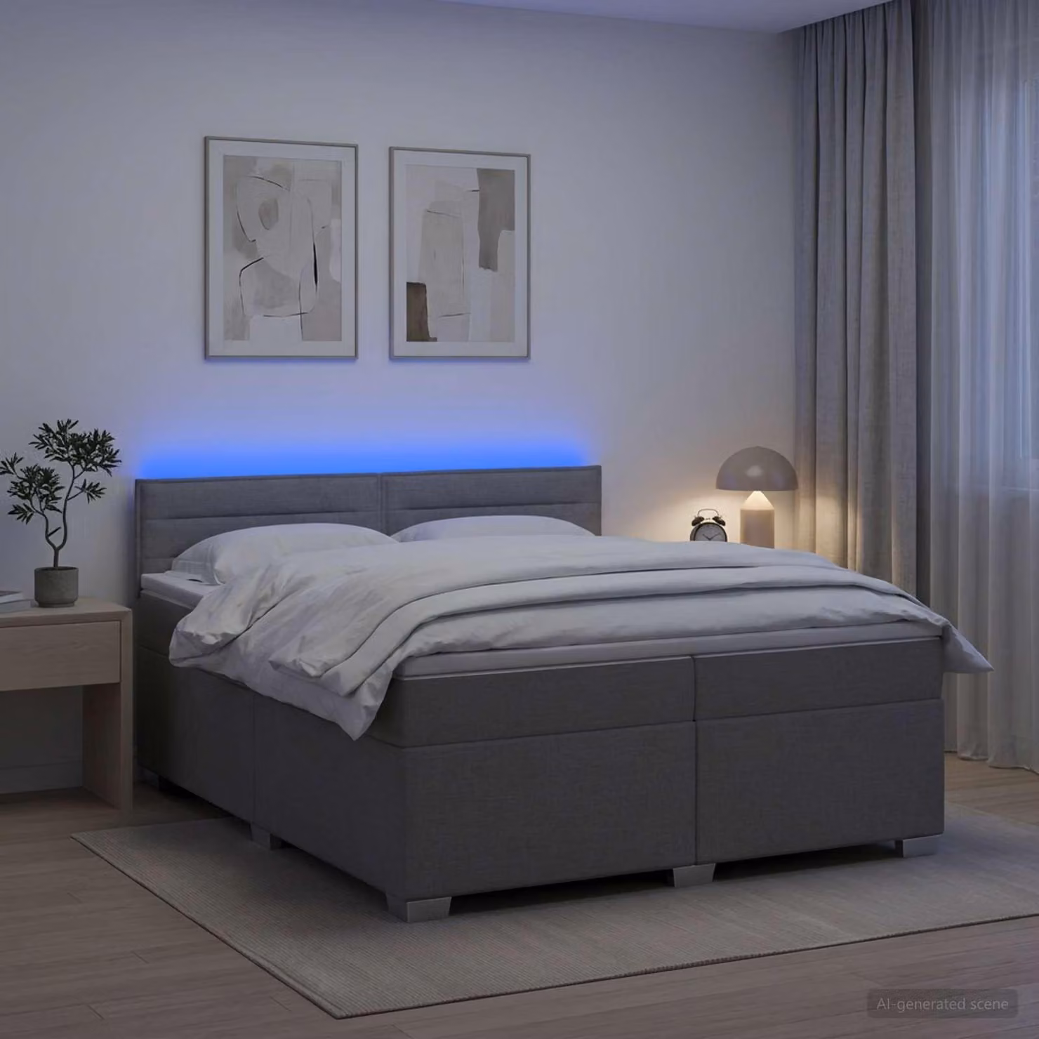 Letto a molle insacchettate "Maison Exclusive" con materasso e illuminazione LED, colore grigio chiaro, dimensioni 200 x 200 cm, rivestito in tessuto