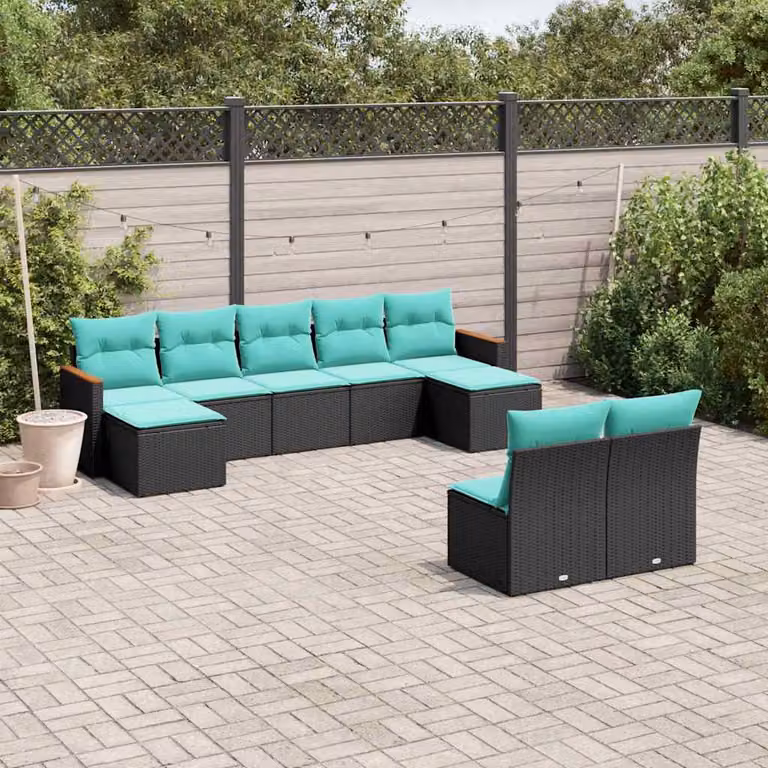 Set di divani da giardino vidaXL in polyrattan nero con 9 pezzi e cuscini inclusi