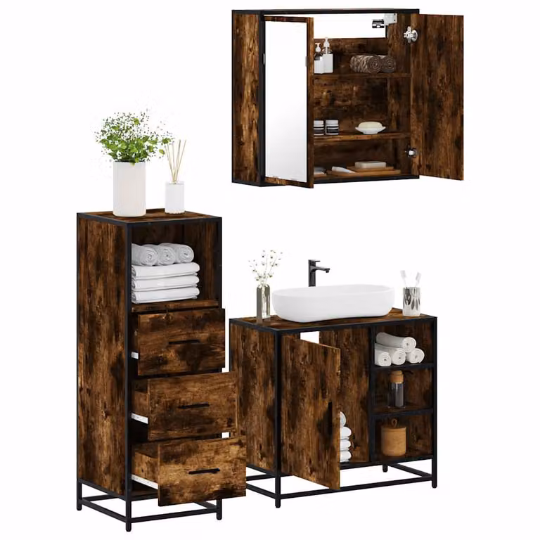 Set di mobili da bagno industrial vidaXL in legno e metallo color rovere fumo, composto da armadietto con specchio, mobile lavabo e mobile laterale