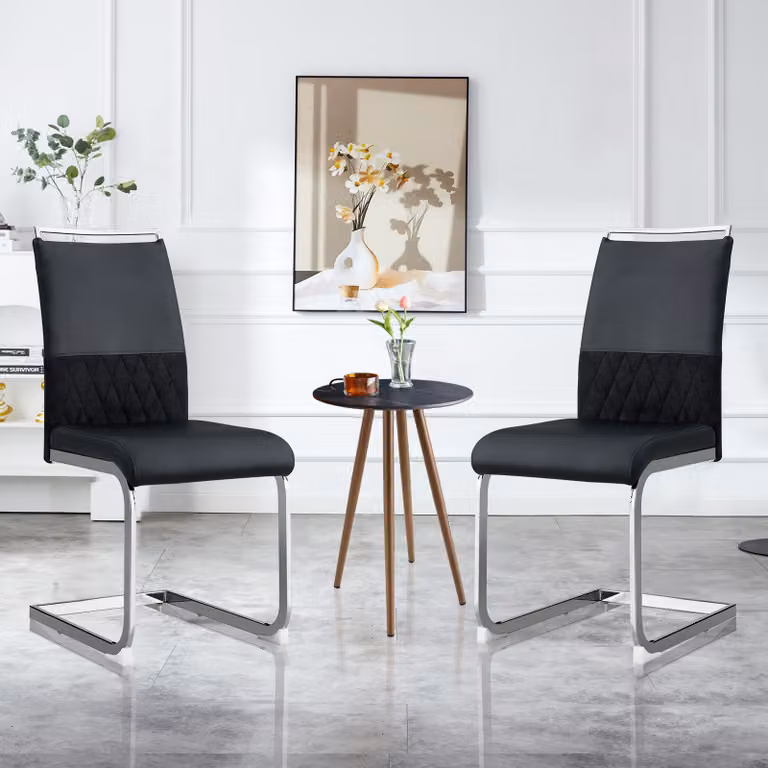 Sedie per sala da pranzo Flieks, set di 2 sedie imbottite, sedia da ufficio a sbalzo con schienale, sedia da cucina con rivestimento in ecopelle, nero
