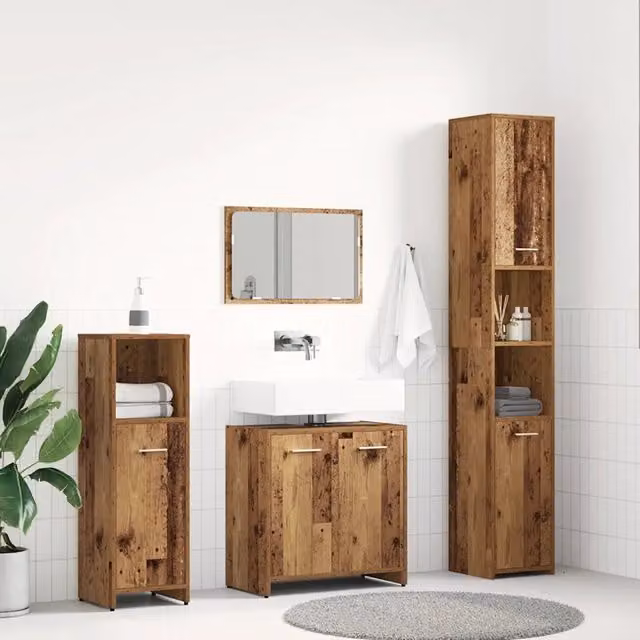 Set di mobili da bagno vidaXL 4 pezzi in legno marrone con armadietto specchio, mobile lavabo, mobile laterale e colonna alta, stile minimalista
