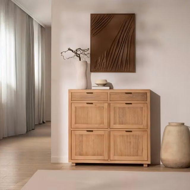 Scarpiera stretta Banak Premium in legno massiccio e acacia marrone con ante a battente per ingresso o camera da letto