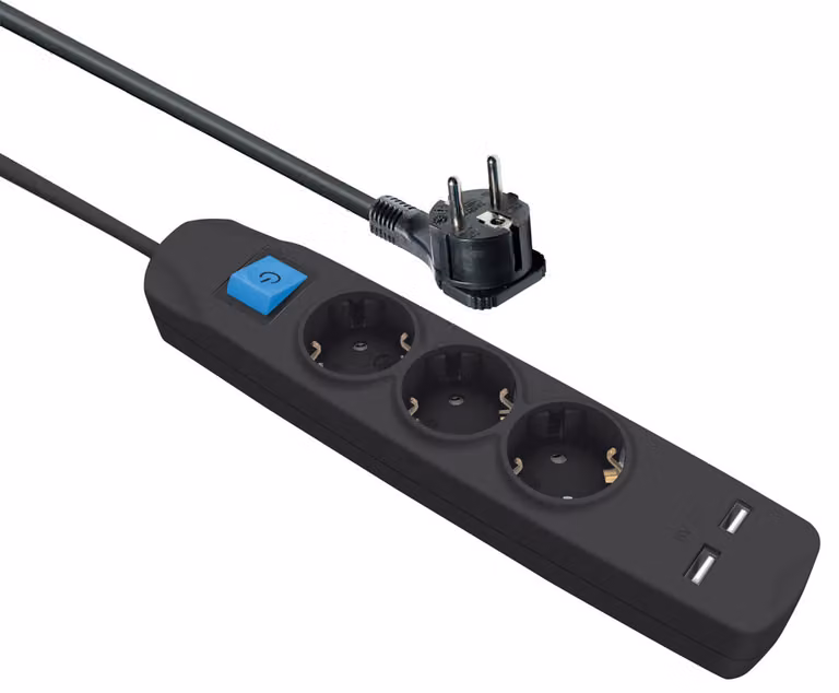 Presa multipla con 3 prese di sicurezza, 2 porte USB e spina piatta con contatto di terra, 5,0 m