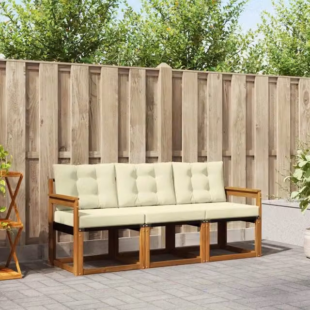 Set di divani da esterno 3 pezzi vidaXL in legno di acacia e textilene, colore beige e bianco con cuscini inclusi