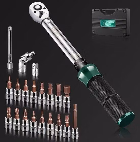 Set di chiavi dinamometriche Unyqoos® da 21 pezzi per biciclette – 1/4 di pollice (2–24 Nm), cricchetto a 72 denti, precisione ±3%, con adattatore da 3/8 di pollice, inserti esagonali e Torx
