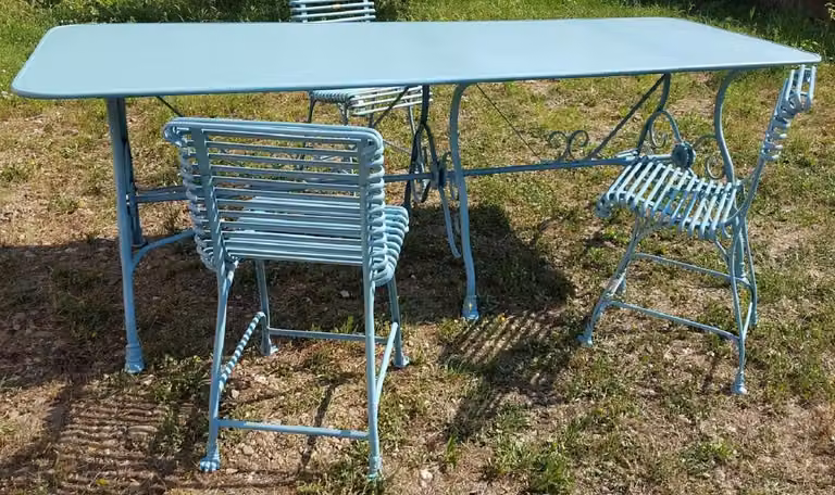 Casa Padrino Tavolo da pranzo da giardino liberty azzurro 250 x 90 x H. 75 cm - Tavolo da giardino nostalgico in ferro battuto - Mobili da giardino liberty in ferro battuto - Mobili da giardino nostalgici