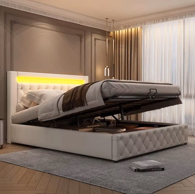 Letto imbottito 140x200 cm con rete a doghe, contenitore e illuminazione LED, rivestimento in PU bianco