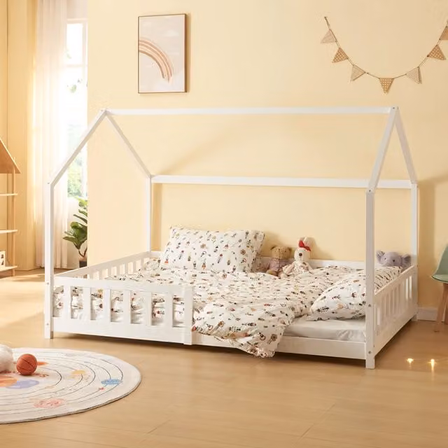 Letto Francese Hesel en.casa a forma di casetta per cameretta dei bambini in legno di pino bianco L/P/H: 200 x 140 x 147 cm