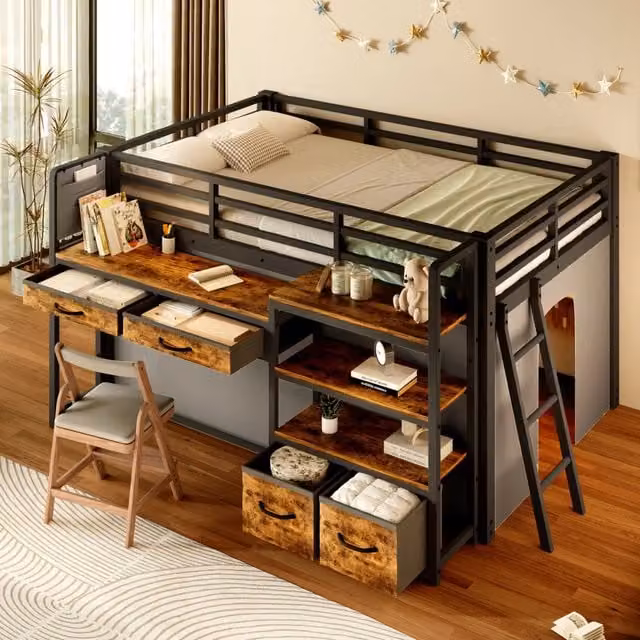 Letto a soppalco 140x200 con scrivania; scaffali; cassetti in tessuto e LED; struttura in metallo nero per cameretta
