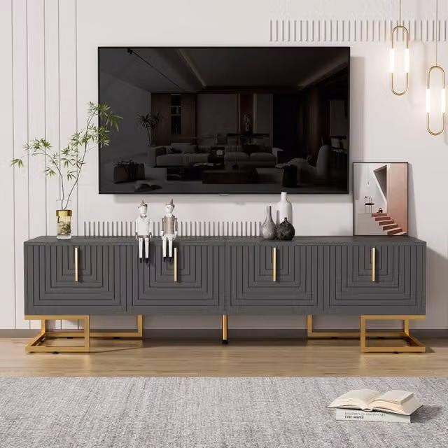 Mobile porta TV con 4 ante e ripiani maniglie e gambe dorate per soggiorno in truciolare grigio nero 170 × 40 × 45,5 cm
