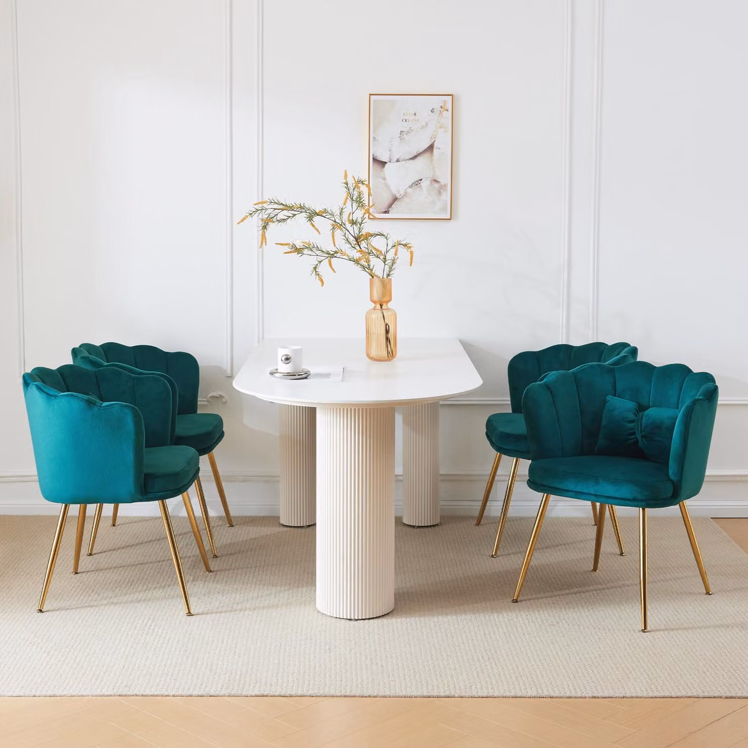Sedia imbottita MERAX con cuscini decorativi a fiocco (4 pezzi), sedia da sala da pranzo sedia da soggiorno in velluto con schienale a petali e gambe in metallo dorato