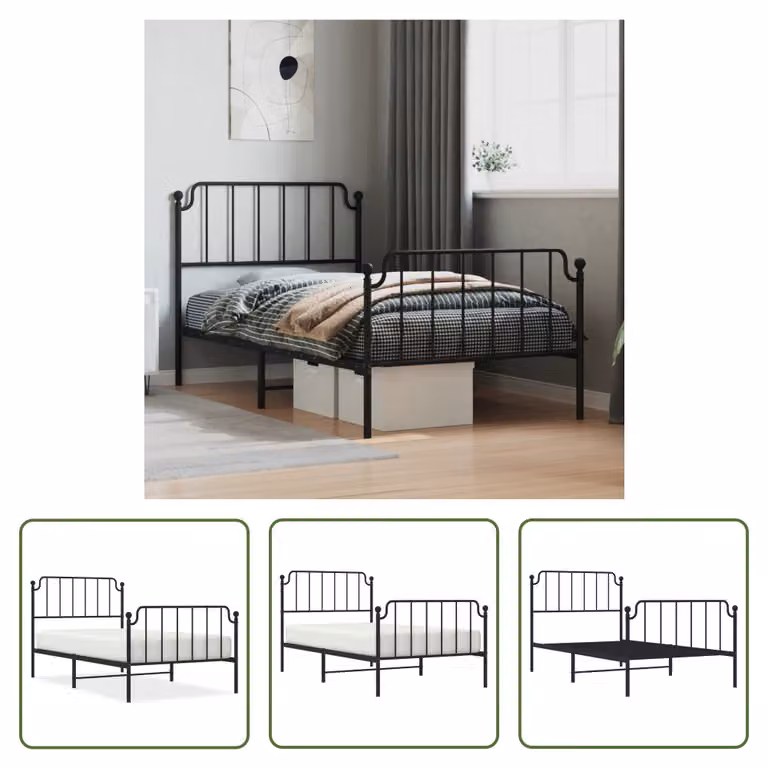 The Living Store Struttura letto con testiera e pediera in metallo nero 100x200 cm