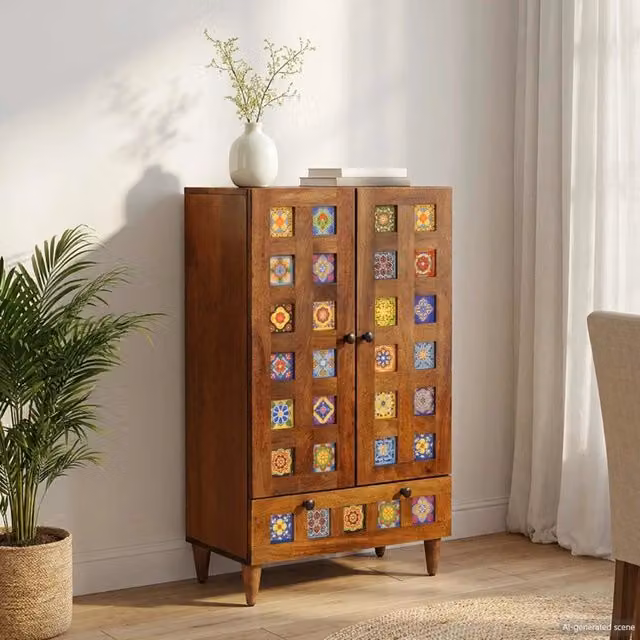 Credenza moderna vidaXL in legno di mango massello color noce L: 60 cm, P: 33,5 cm, H: 100 cm