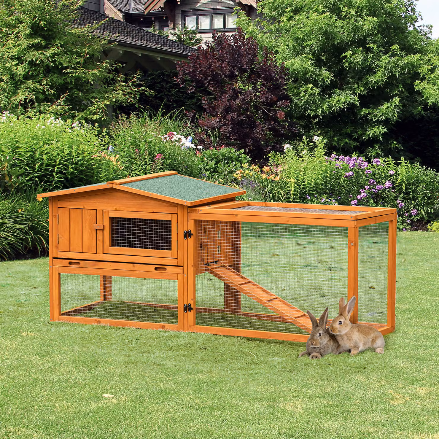PawHut Coniglioiera per roditori in legno massello di pino con 2 piani, recinto esterno con tetto apribile e vaschetta per deiezioni, colore marrone/arancione, L: 156 cm, P: 58 cm, H: 68 cm – 2