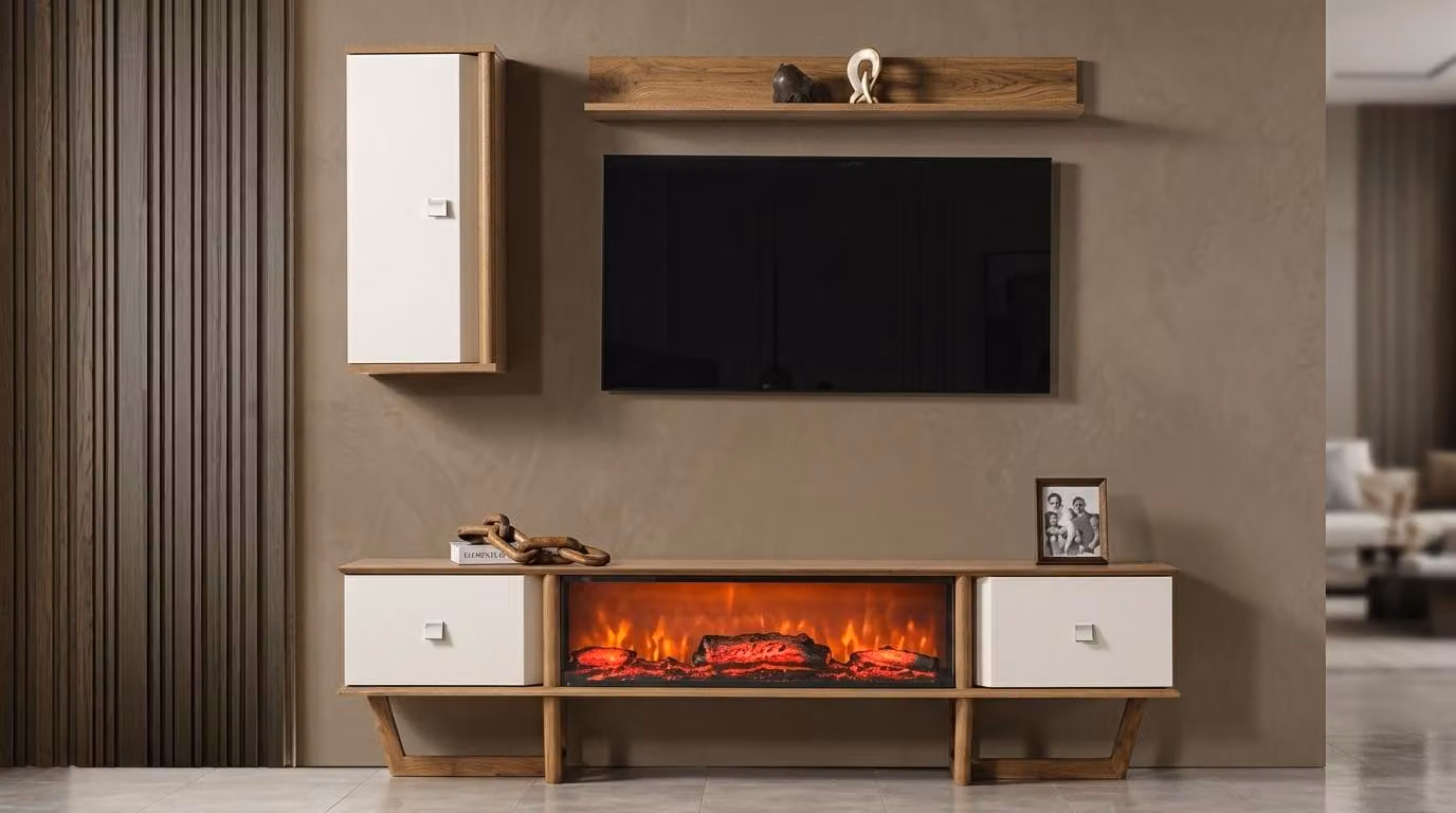 Mobile TV a parete, pensile, ripiano, stile moderno, colore marrone, camino