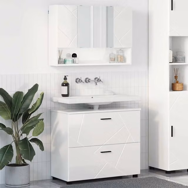 Set di mobili per il bagno vidaXL composto da mobile lavabo e armadietto con specchio, Bianco Lucido, L: 76,5 cm, P: 35 cm, H: 64 cm