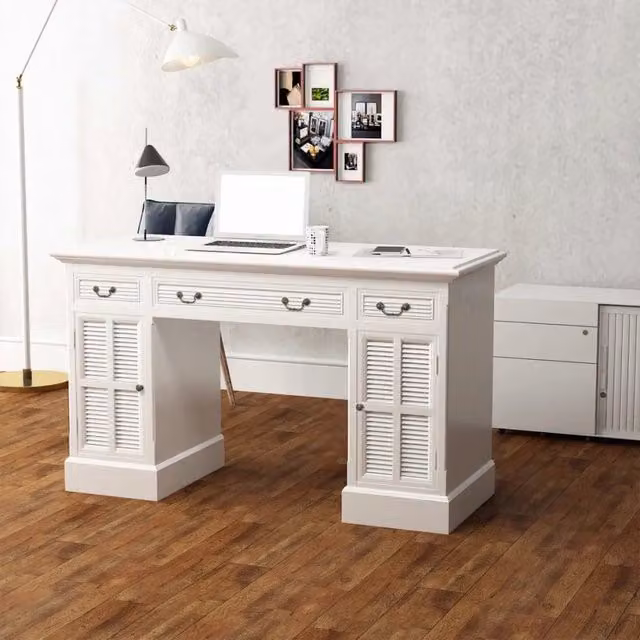 Scrivania moderna a doppia colonna vidaXL bianca in legno e MDF L: 140 cm, P: 48 cm, H: 80 cm – 1