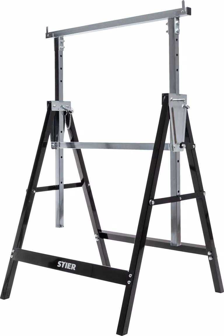 Cavalletto da lavoro telescopico STIER, portata 200 kg, cavalletto regolabile in altezza 82 - 130 cm, in tubo quadrato d'acciaio, rivestimento in plastica antigraffio, con gancio di bloccaggio per evitare lo scivolamento