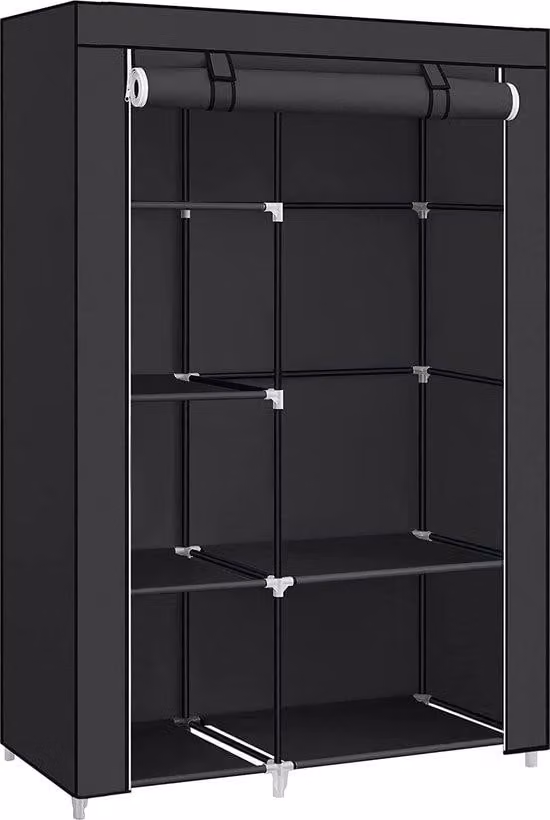 Armadio per abiti Unyqoos® con 6 ripiani, realizzato in tessuto nero non tessuto, dotato di asta appendiabiti e porta a rullo con cerniera, dimensioni 45 x 105 x 168 cm – ideale per camere da letto e cabine armadio