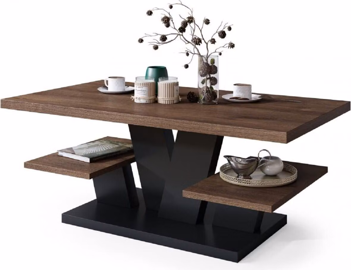 Tavolino Valerio, ideale per il soggiorno, tavolo da caffè, tavolo con ripiani, tavolo da pranzo, coffee table, dimensioni 110x60 cm, modello 05, finitura noce marrone e nero