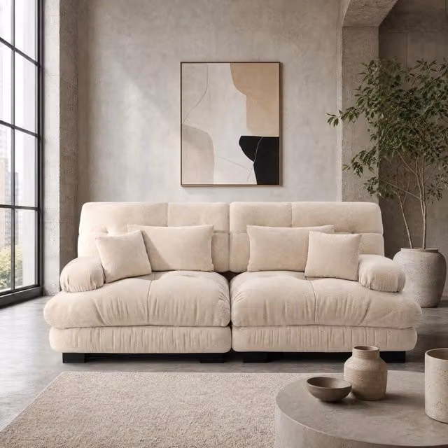 Divano modulare 220x77x81 cm in chenille beige chiaro, con cuscini, per spazi piccoli –