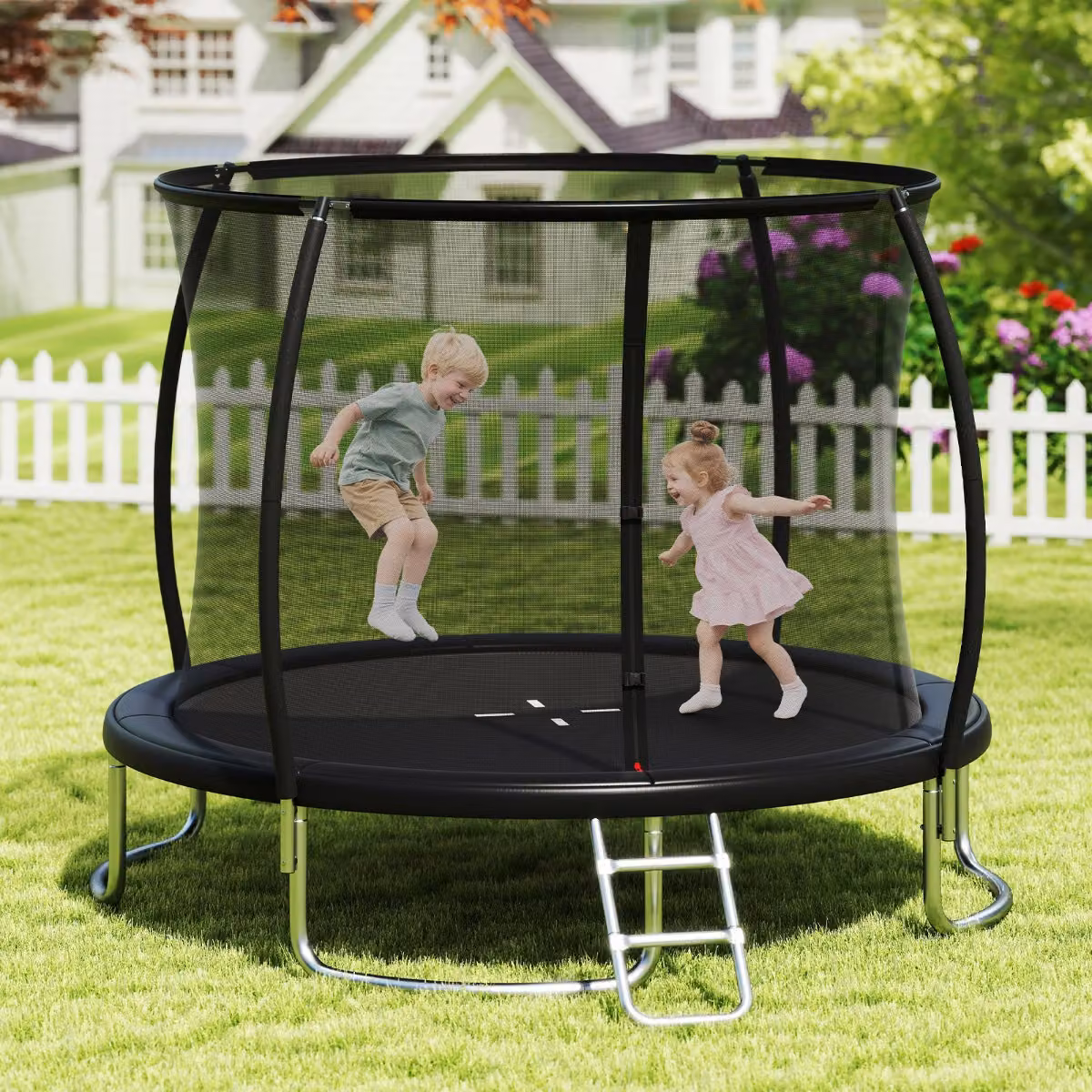 Trampolino da esterno Costway con rete di sicurezza e scala, modello ricreativo per bambini e adulti, Nero