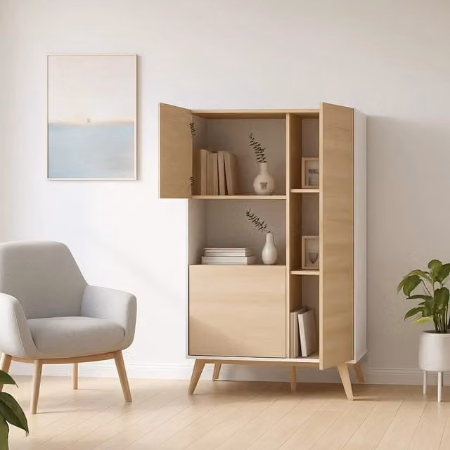 Credenza Crono DMORA, Buffet alto moderno con 3 ante per soggiorno e sala da pranzo, L: 81 cm, P: 43 cm, H: 135 cm, Rovere e Bianco