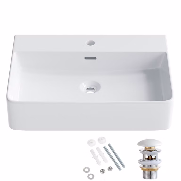 Lavabo HOROW, 60 x 42 cm, con sistema di scarico pop-up in Vetroceramica, mobile lavabo da parete, lavabo sospeso in Vetroceramica, lavabo da appoggio rettangolare con troppofilo