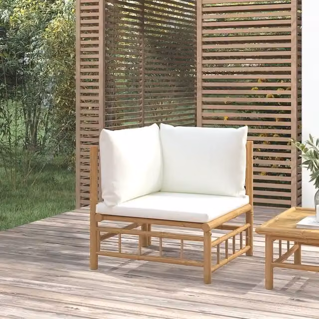 Divano Angolare da Giardino con Cuscini-Sofa da Giardino-Divanetto da esterno Bianco Crema in Bamb¨´ 150323