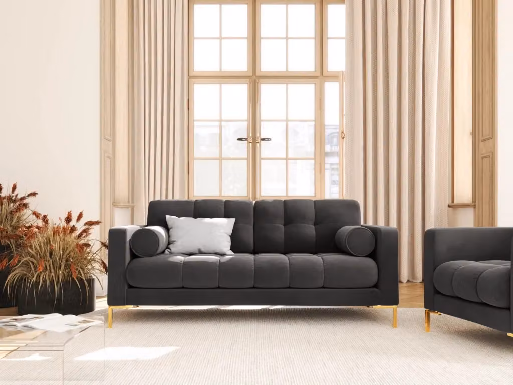 Divano Bali Cosmopolitan Design a 2 posti in velluto grigio scuro con dettagli oro L: 152 cm, P: 75 cm, H: 92 cm – 2