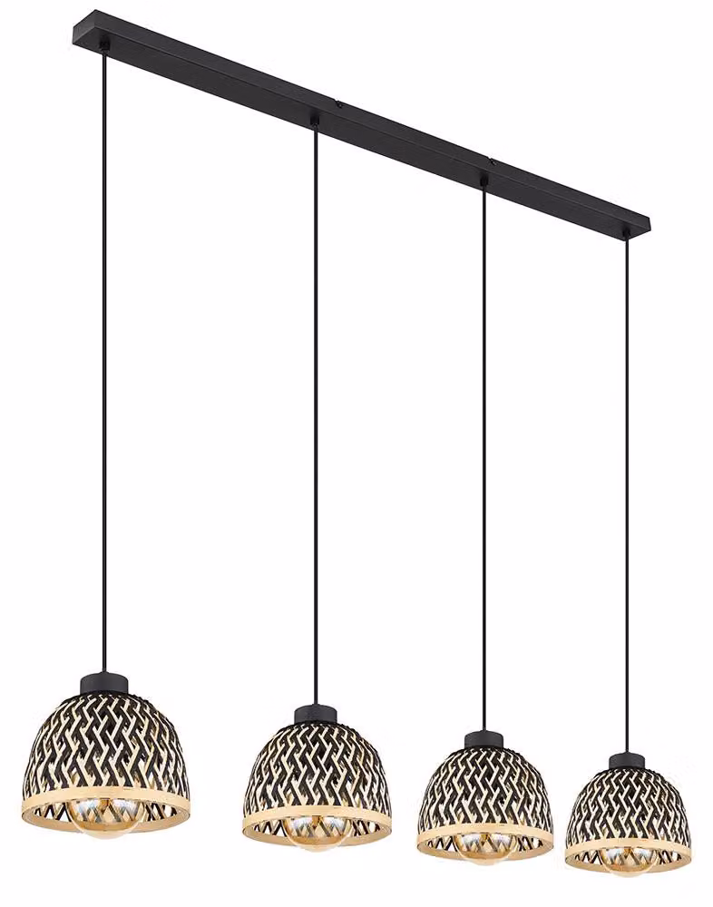 Lampada a sospensione, 4 luci, bambù in metallo, marrone, regolabile in altezza