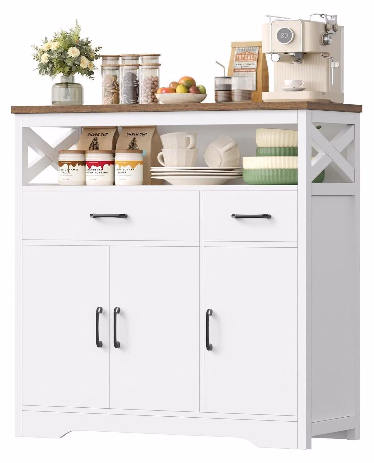 Mobile contenitore con 2 cassetti e 3 ante, ideale per la cucina, con piano di lavoro, bianco/marrone, dimensioni 105x100,5x39,5 cm